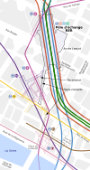 Route map of rail lines through and near Châtelet – Les Halles station