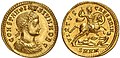 Aureus of Constantine II as caesar (aged 8), marked: constantinus iun· nob· c· on the obverse and victoria caesar· n·n· ("the Virtue of Our Caesar") on the reverse