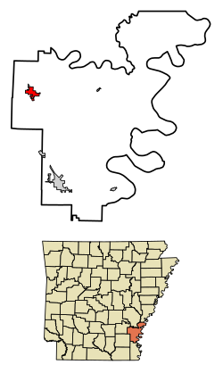 Location of Dumas in Desha County, Arkansas.
