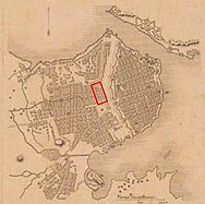 Map of Havana, 1850. The land currently occupied by the Capitol, then belonging to the railway station of Villanueva, is framed in red. Opposite the Capitol are the city walls demolished in 1863.