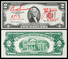 A 1953 $2-bill carried on the 1965 Gemini 3 mission and signed by Gus Grissom and John Young