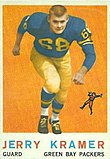 A color photo of Jerry Kramer running towards the camera, with the text "Jerry Kramer, Guard, Green Bay Packers" in a black bar below the photo.