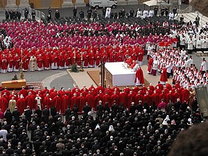 Roman Catholic cardinals together at the funeral of Pope John Paul II. The cardinals in scarlet stand ahead of the bishops in purple.