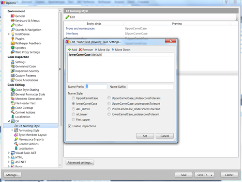 Зміна правила іменування приватних змінних в середовищі Resharper