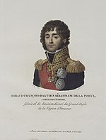 Colored print of a curly-haired and clean-shaven man. He wears a dark blue uniform with gold epaulettes, a high gold collar and a red sash.