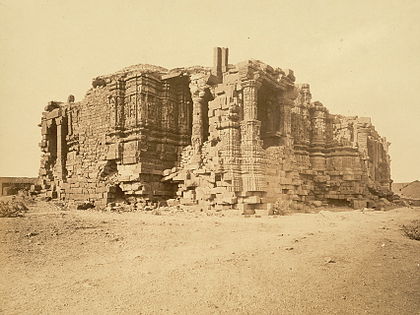The Somnath Temple in Gujarat was repeatedly destroyed by Islamic armies and rebuilt by Hindus. It was destroyed by Delhi Sultanate's army in 1299 CE.[72] The present temple was reconstructed in Chalukyan style of Hindu temple architecture and completed in May 1951.[73][74]