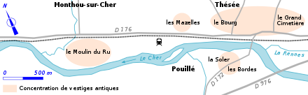 Carte représentant des zones de concentration de vestiges antiques dans un plan moderne.