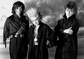 Thompson Twins in 1985, left to right: Joe Leeway, Alannah Currie and Tom Bailey.
