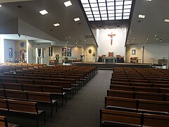 The Cathedral interior, featuring the Marian Shrine (left), Chapel of the Blessed Sacrament (centre-back) and the Sanctuary (centre-right)