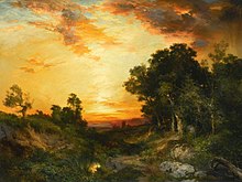 painting of a view of the sun setting in the distance seen through a gap between trees
