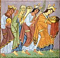 An early example of national personification in a gospel book dated 990: Sclavinia, Germania, Gallia, and Roma, bringing offerings to Emperor Otto III.
