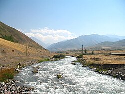 The river Ak-Suu flowing from the Narzan valley into the south end of Jardy-Suu village.
