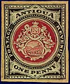 Hand-painted essay of the 1903 one penny stamp of Antigua from the Toeg Collection, sold by Christie's Robson Lowe in 1990.[15]