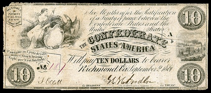 Ten Confederate States dollar (T27), by Hoyer & Ludwig