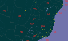 Mapa mostrando a distribuição confirmada de C. legalis em pontos amarelos.[4]