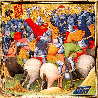 Illustration from a 15th-century manuscript showing horsemen wearing bascinets with the rounded visor used from c. 1410