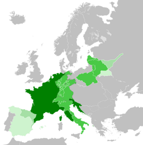 Первая империя в своём максимальном расширении по состоянию на сентябрь 1812 года:  Французская империя  Зависимые государства  Военные администрации  Де-юре границы зависимых государств, не находящиеся под их контролем