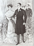 A black-and-white drawing of a white woman and white man getting married. The woman is wearing a white gown that is loose at the top, fitted at the waist, and loose to the ground with a small bustle at the rear. The man is wearing a long, black coat that fastens off-center and reaches just past his knees with slight waist definition. The sleeves of his jacket are slender but not tight and reach his wrists. Beneath this he has on a white shirt with a high collar, just visible beneath the coat's V-neck, and slim dark trousers over black shoes. The woman is wearing a veil over her hair but the man is not wearing a hat. There is a flower on his lapel, and the woman is holding a bouquet.
