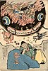 Japanese print in which a man sleeps against a rock while the giant catfish Namazu that he was supposed to control causes the destruction of Edo (modern Tokyo), shown engulfed in flames