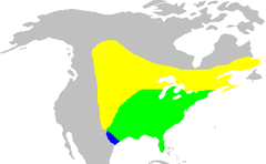 Área de distribuição aproximada na América do Norte      Área de reprodução     Área de distribuição durante o ano     Área de invernada