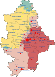 Territory of Ukraine's Donetsk Oblast controlled by Russia as DPR shown in red and pink; territory claimed but not controlled shown in yellow and blue[2]