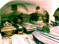 Coffins in the vault beneath Björklinge Parish Church in Uppsala, Sweden.