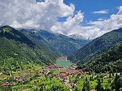 Black Sea Region: Uzungöl in Trabzon. Lush forests are found around the Pontic Mountains thanks to the high amounts of precipitation on the northern side of the mountain range.[337]