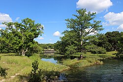 Woodcreek as viewed from a bridge crossing Cypress Creek