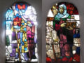 St. Ansfried of Utrecht and his wife Hereswint (or Hilsondis), founders of the abbey of Thorn (Limburg, Netherlands) on two stainded glass windows (1956).