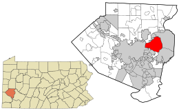 Location of Allegheny County in Pennsylvania (left) and of Penn Hills in Allegheny County (right)