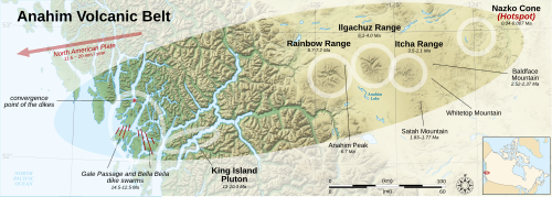 Map showing the location of an east–west trending zone of related volcanoes extending from the British Columbia Coast to the Interior.