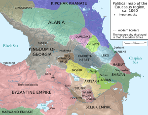 Political map of the Caucasus region, with the various countries labelled and depicted in different colours