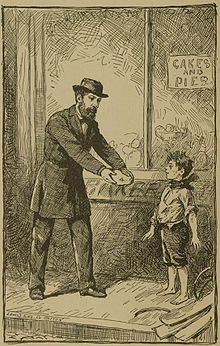 A child with worn clothes stands outside a baker's shop, and a well-dressed man gives him a pie