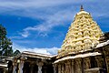 Close up view of Vesara shrine tower (vimana) made of stucco at the Vaidyeshvara temple, Talakad