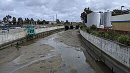 At S. Linden Ave, South San Francisco, as the creek approaches the railroad tracks and US 101 on its way to the bay