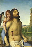 安托內羅·達·梅西那的《天使支撐死去的耶穌（西班牙语：Cristo muerto sostenido por un ángel (Antonello da Messina)）》，74 × 51cm，約繪於1476－1478年，1965年購買[18]