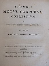 Title page of a 1890 copy of Carl Gauss' "Theoria Motus Corporum Coelestium in sectionibus conicis solem ambientium."