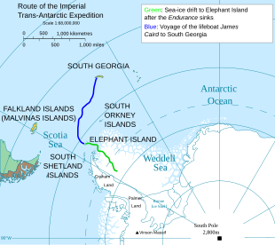 Outline map showing Weddell Sea, Elephant Island and South Georgia with parts of the landmasses of Antarctica and South America. A line indicates the path of the voyage from Elephant Island to South Georgia.