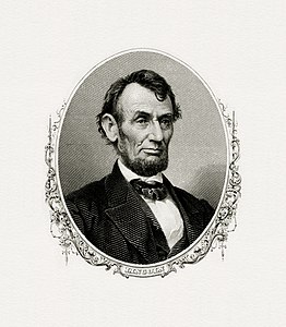 Abraham Lincoln, by the Bureau of Engraving and Printing (restored by Godot13)
