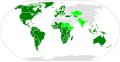 Latin alphabet world distribution. The dark green areas show the countries where this alphabet is the sole official (or de facto official) national script. The light green places show the countries where the alphabet co-exists with other scripts.