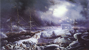 Astrolabe and Zélée stranded in the Austral Ocean. Painting by Louis Lebreton