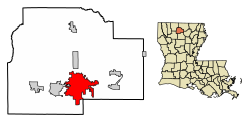 Location of Ruston in Lincoln Parish, Louisiana.