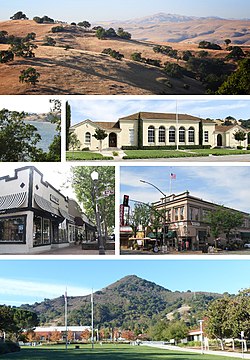 Clockwise: the Diablo Range hills, historic Morgan Hill Elementary Building, Votaw Building, Civic Center and El Toro, Downtown shops, Anderson Lake