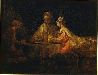 Ahasuerus and Haman at the Feast of Esther by Rembrandt, 1660