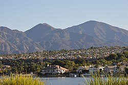 Saddleback Mountain and its foothills viewed from Lake Mission Viejo, a lake in the valley