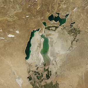 Aral Sea in August 2010, with part of the eastern basin reflooded from heavy snowmelt.