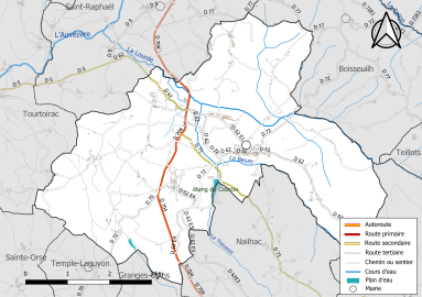 Carte en couleur présentant le réseau hydrographique de la commune