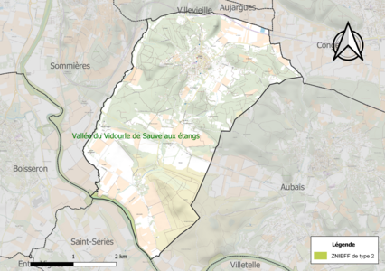 Carte de la ZNIEFF de type 2 sur la commune.