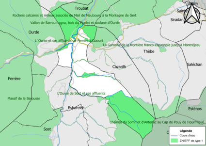 Carte des ZNIEFF de type 1 sur la commune.