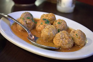 Albondigas are small meatballs prepared in the cuisines of Mexico, Spain and South America.[14] Pictured is albondigas in Spain.